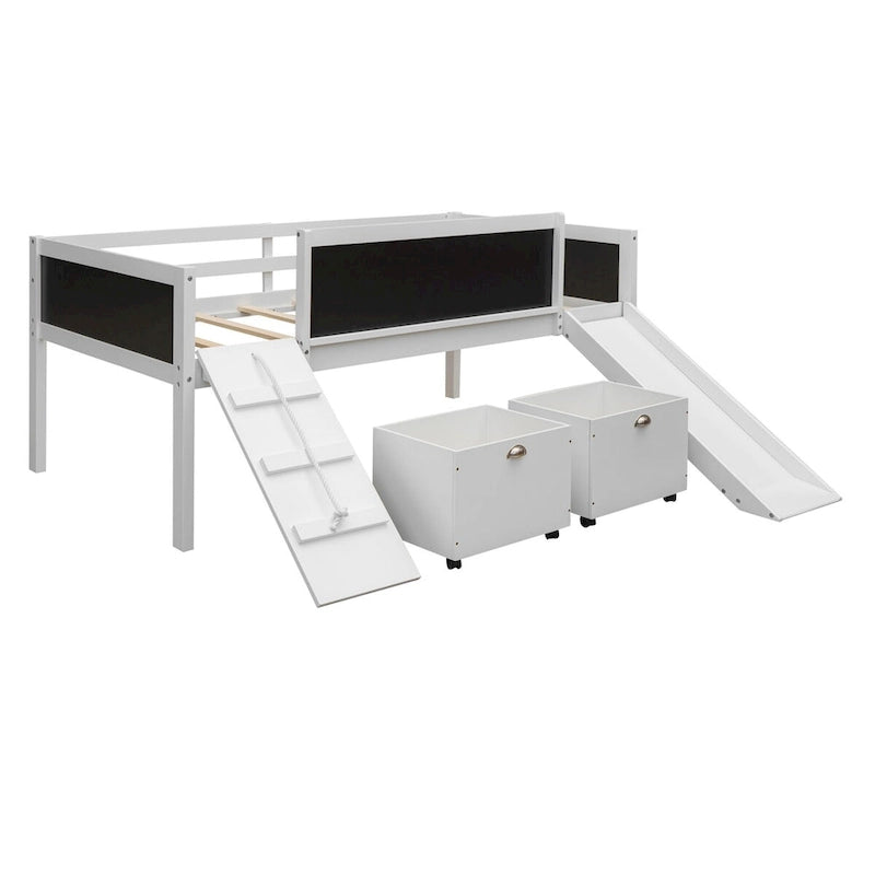 Twin size Loft Bed Wood Bed with Three Blackboards, Two Storage Boxes and A Slide, Three Colors Available