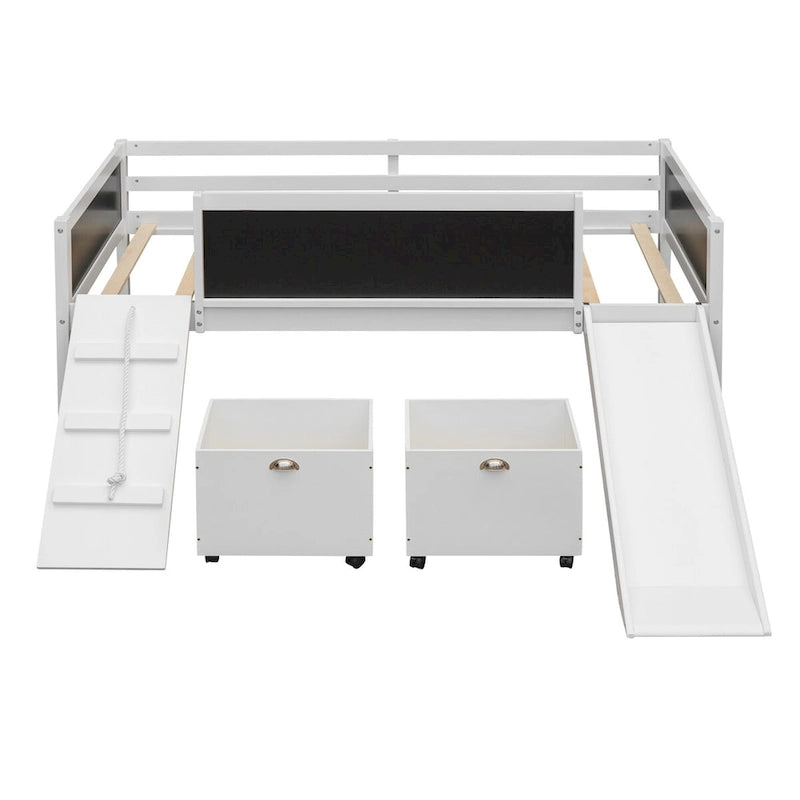 Twin size Loft Bed Wood Bed with Three Blackboards, Two Storage Boxes and A Slide, Three Colors Available