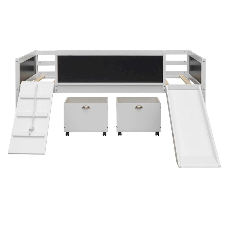 Twin size Loft Bed Wood Bed with Three Blackboards, Two Storage Boxes and A Slide, Three Colors Available
