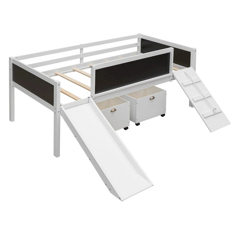 Twin size Loft Bed Wood Bed with Three Blackboards, Two Storage Boxes and A Slide, Three Colors Available