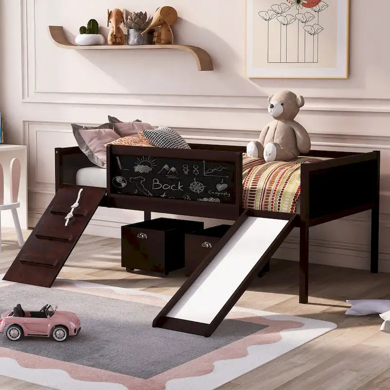 Twin size Loft Bed Wood Bed with Three Blackboards, Two Storage Boxes and A Slide, Three Colors Available