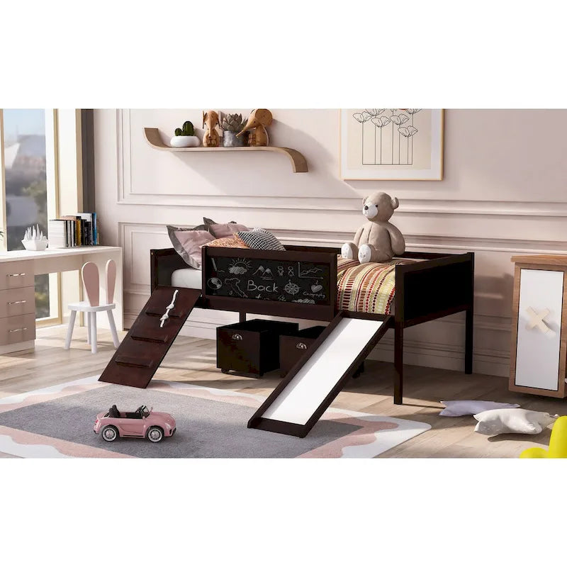 Twin size Loft Bed Wood Bed with Three Blackboards, Two Storage Boxes and A Slide, Three Colors Available