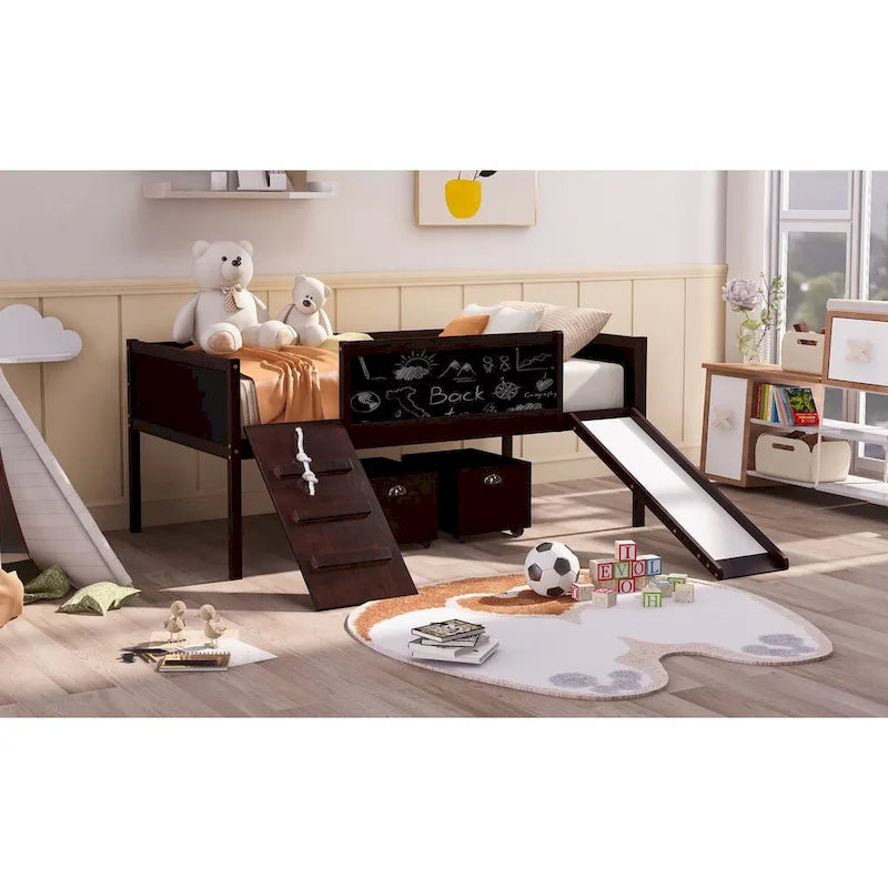 Twin size Loft Bed Wood Bed with Three Blackboards, Two Storage Boxes and A Slide, Three Colors Available