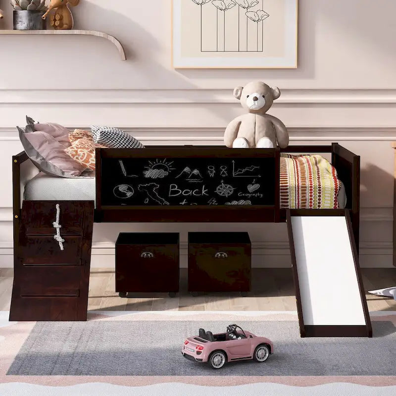 Twin size Loft Bed Wood Bed with Three Blackboards, Two Storage Boxes and A Slide, Three Colors Available