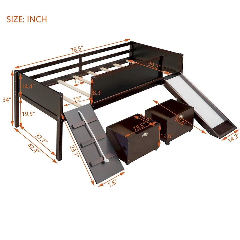 Twin size Loft Bed Wood Bed with Three Blackboards, Two Storage Boxes and A Slide, Three Colors Available