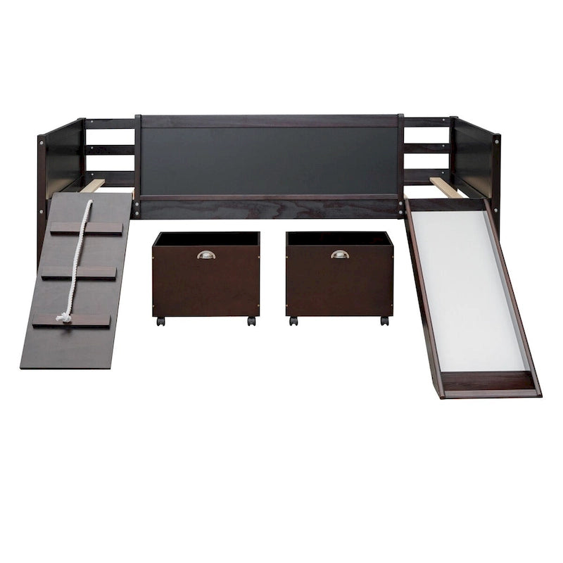 Twin size Loft Bed Wood Bed with Three Blackboards, Two Storage Boxes and A Slide, Three Colors Available