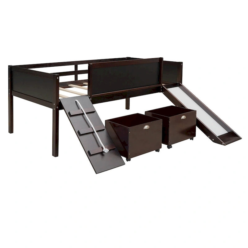Twin size Loft Bed Wood Bed with Three Blackboards, Two Storage Boxes and A Slide, Three Colors Available