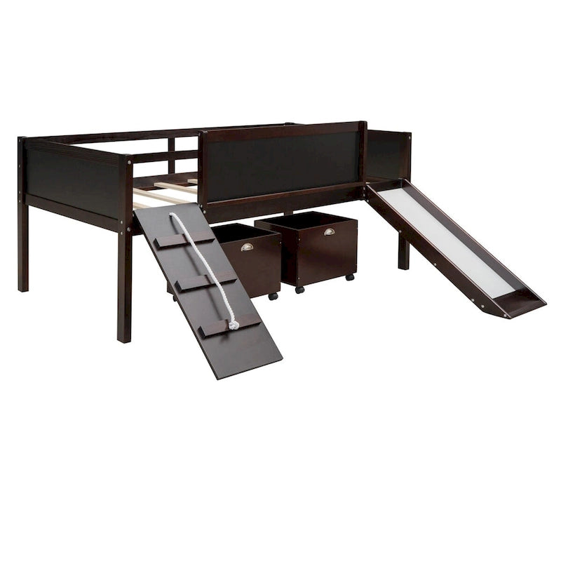 Twin size Loft Bed Wood Bed with Three Blackboards, Two Storage Boxes and A Slide, Three Colors Available