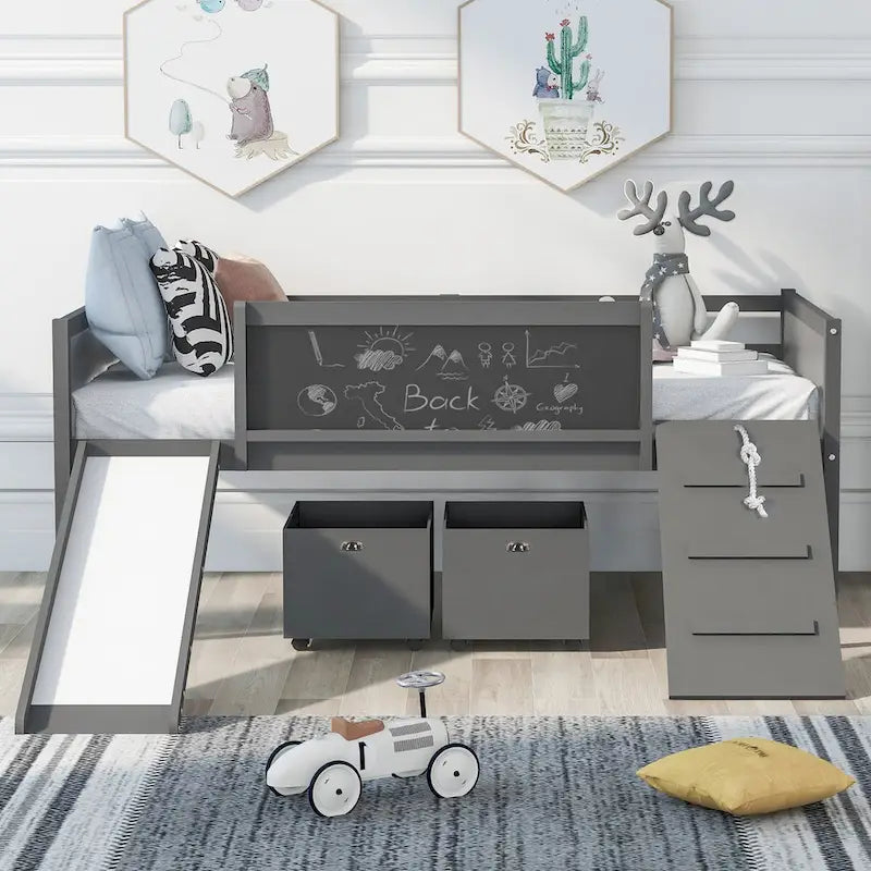 Twin size Loft Bed Wood Bed with Three Blackboards, Two Storage Boxes and A Slide, Three Colors Available