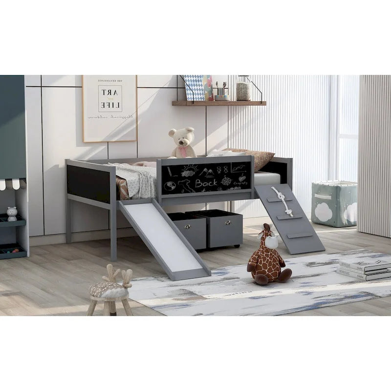 Twin size Loft Bed Wood Bed with Three Blackboards, Two Storage Boxes and A Slide, Three Colors Available