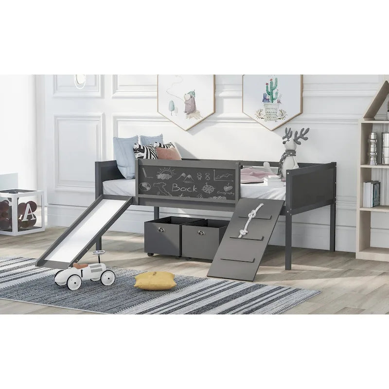 Twin size Loft Bed Wood Bed with Three Blackboards, Two Storage Boxes and A Slide, Three Colors Available