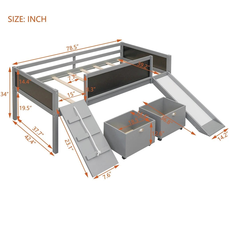 Twin size Loft Bed Wood Bed with Three Blackboards, Two Storage Boxes and A Slide, Three Colors Available