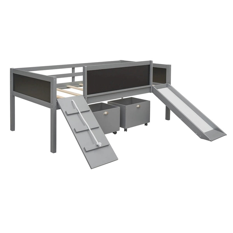Twin size Loft Bed Wood Bed with Three Blackboards, Two Storage Boxes and A Slide, Three Colors Available
