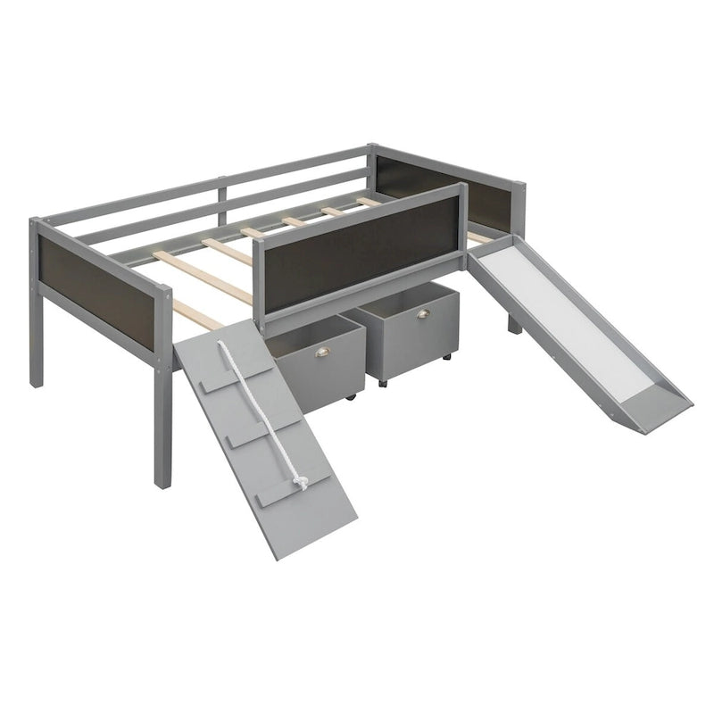 Twin size Loft Bed Wood Bed with Three Blackboards, Two Storage Boxes and A Slide, Three Colors Available