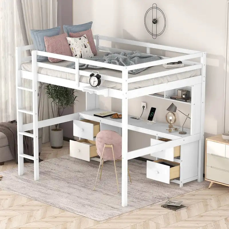 Full Size Wood Loft Bed with Integrated Desk, Storage Cabinets, Drawers, Bedside Tray, and Charging Station