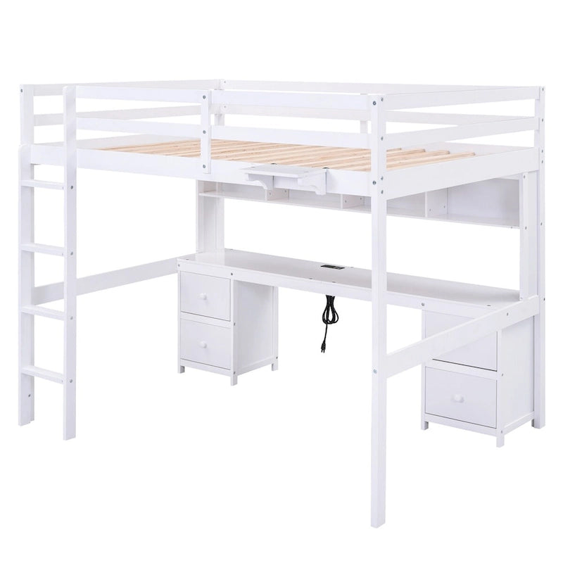 Full Size Wood Loft Bed with Integrated Desk, Storage Cabinets, Drawers, Bedside Tray, and Charging Station