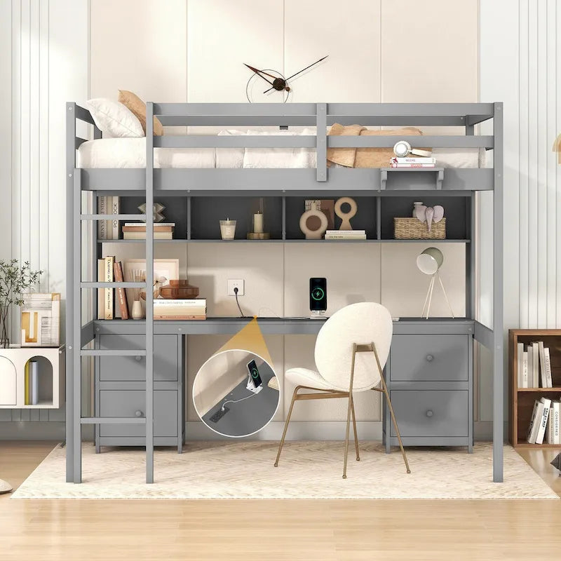 Full Size Wood Loft Bed with Integrated Desk, Storage Cabinets, Drawers, Bedside Tray, and Charging Station