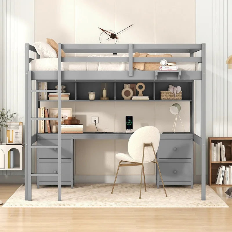 Full Size Wood Loft Bed with Integrated Desk, Storage Cabinets, Drawers, Bedside Tray, and Charging Station
