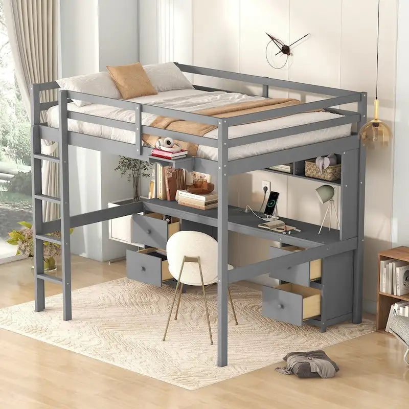 Full Size Wood Loft Bed with Integrated Desk, Storage Cabinets, Drawers, Bedside Tray, and Charging Station
