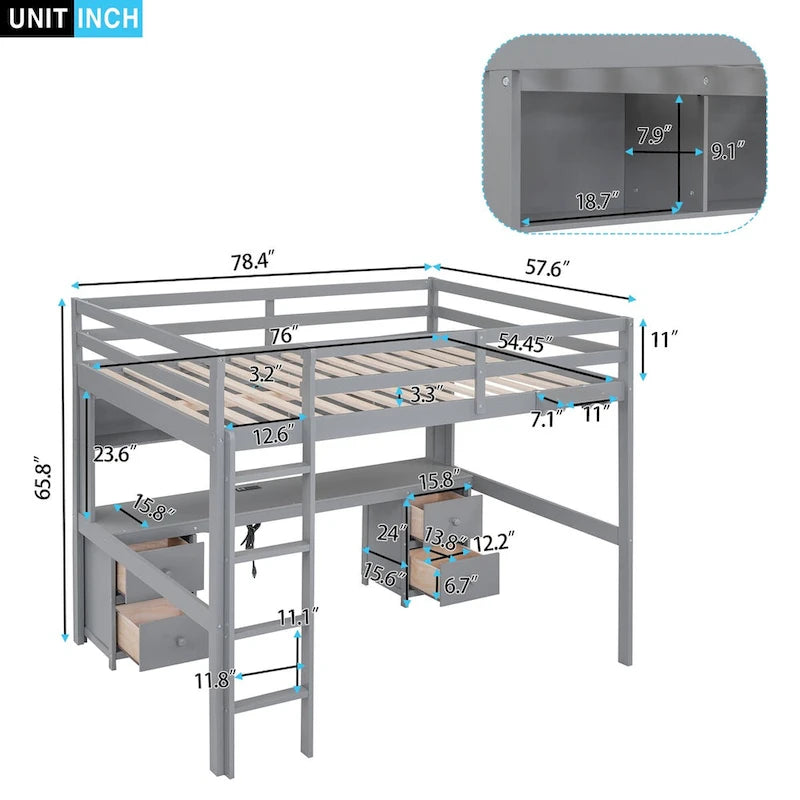 Full Size Wood Loft Bed with Integrated Desk, Storage Cabinets, Drawers, Bedside Tray, and Charging Station