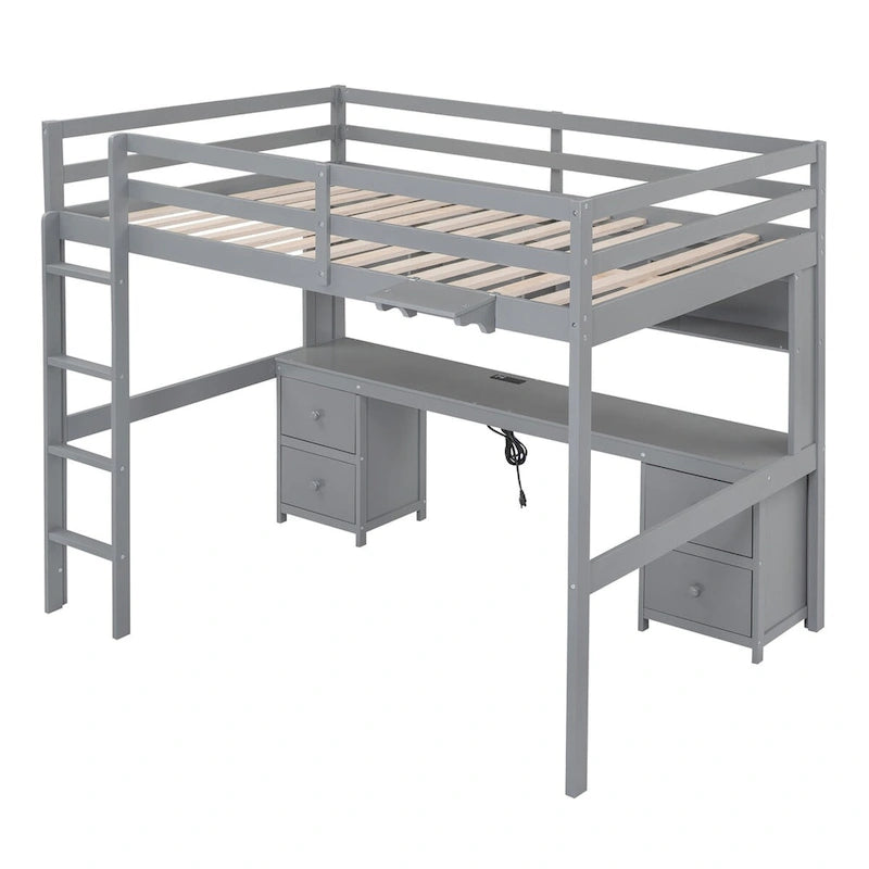 Full Size Wood Loft Bed with Integrated Desk, Storage Cabinets, Drawers, Bedside Tray, and Charging Station