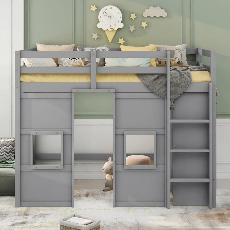 Wood Twin Size Loft Bed with Built-In Storage Wardrobe and 2 Windows, Full-Length Guardrails Upper Bunk