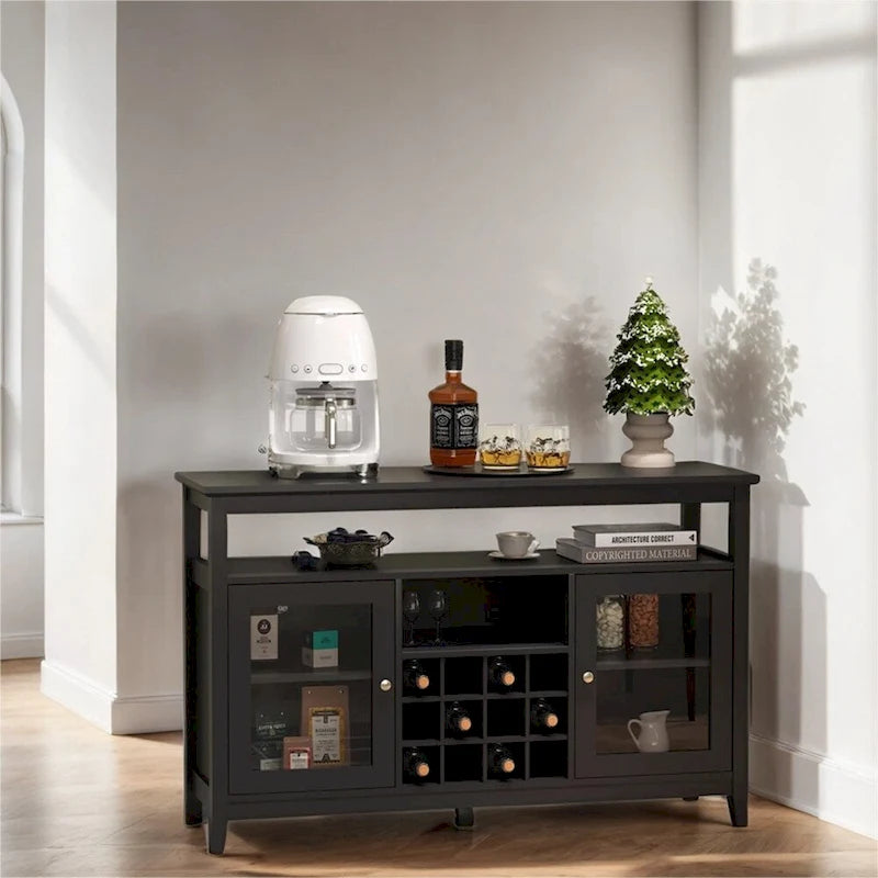 Wood Sideboard Buffet with Wine Rack and Adjustable Shelves