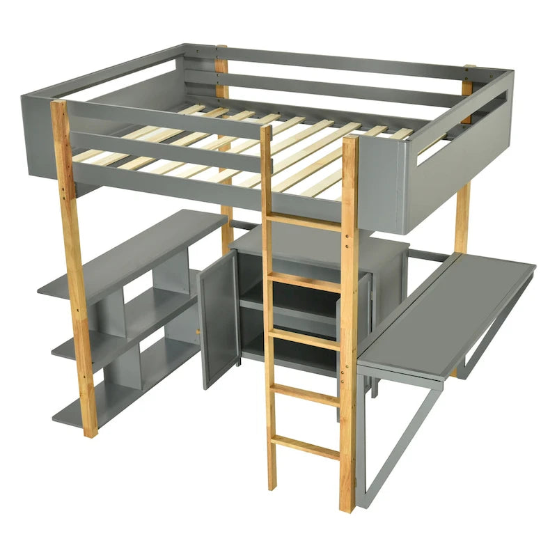 Twin Size Wood Loft Bed With Cabinet and Cubes
