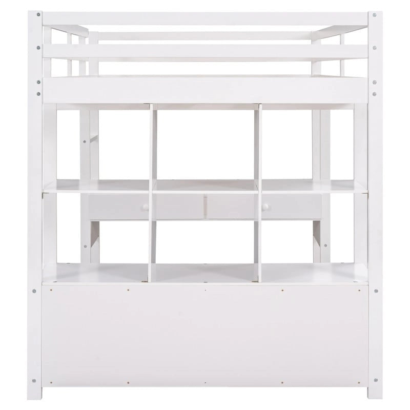 Full Size Loft Bed with Built-in Desk with Drawers and Shelves