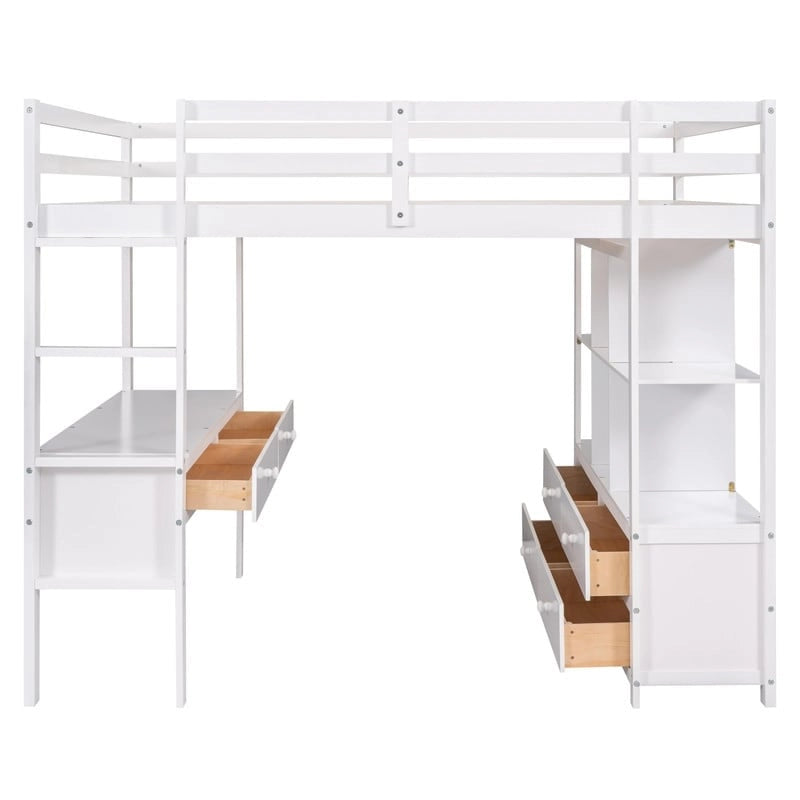 Full Size Loft Bed with Built-in Desk with Drawers and Shelves