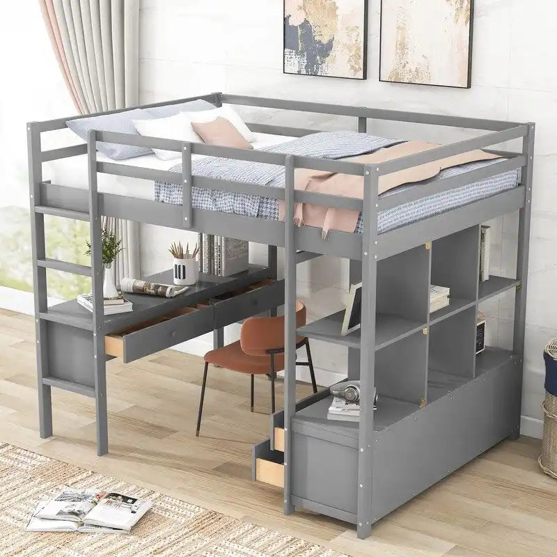 Full Size Loft Bed with Built-in Desk with Drawers and Shelves