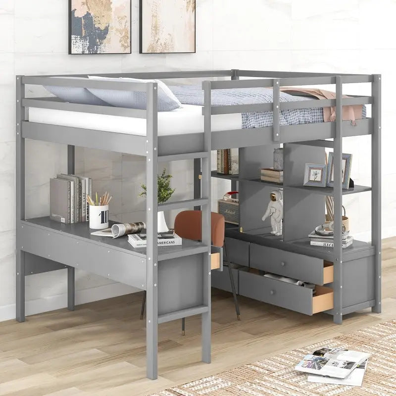 Full Size Loft Bed with Built-in Desk with Drawers and Shelves