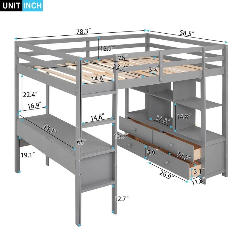 Full Size Loft Bed with Built-in Desk with Drawers and Shelves
