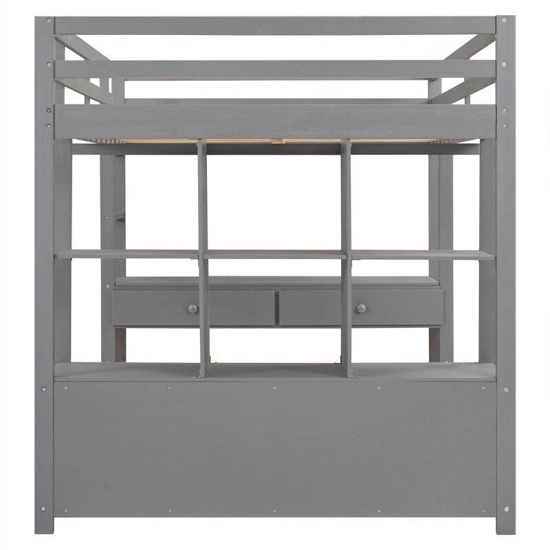 Full Size Loft Bed with Built-in Desk with Drawers and Shelves