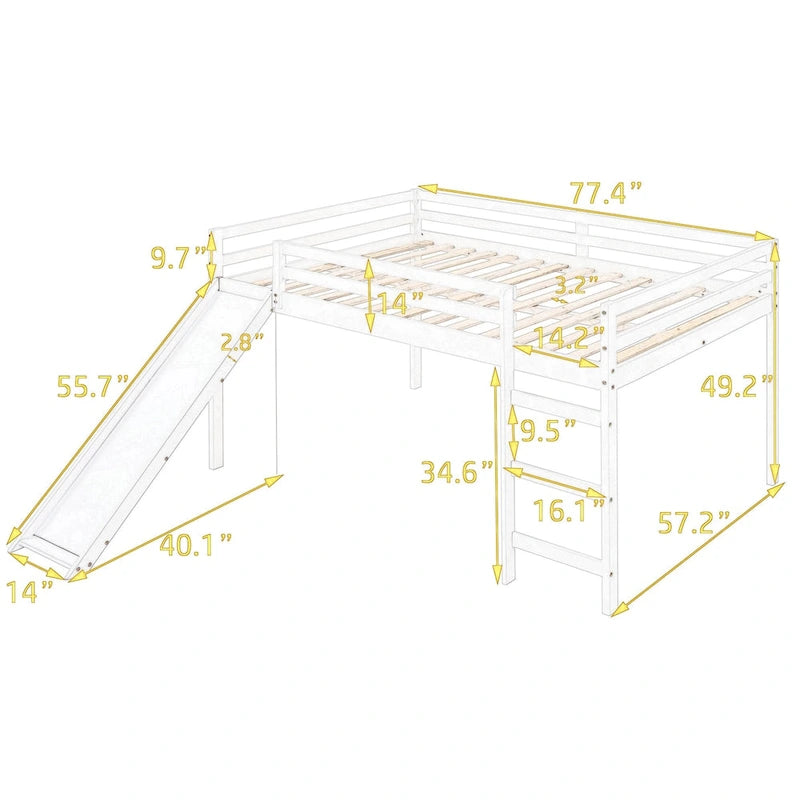 Loft Bed with Slide, Multifunctional Design, Full (White)