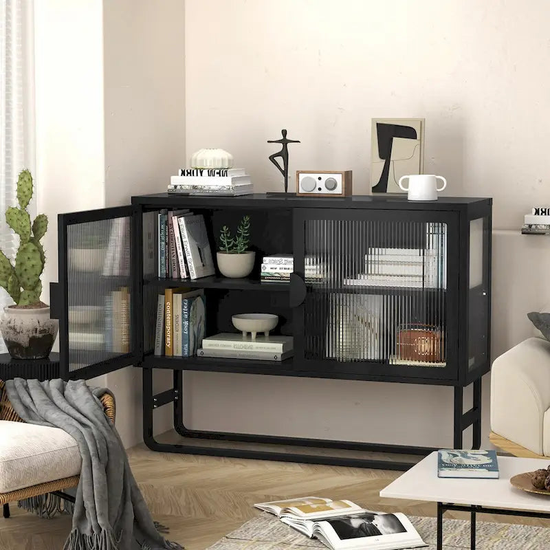 Tempered Glass Cabinet with 2 Fluted Glass Doors Adjustable Shelf U-shaped Leg free Enclosed Cupboard for Kitchen Living Room