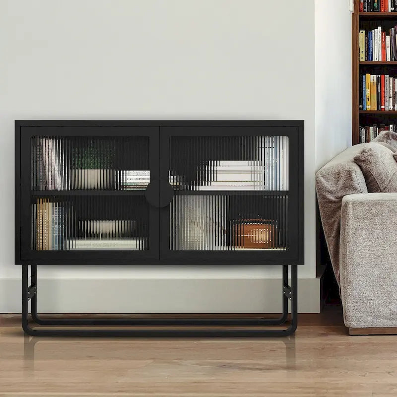 Tempered Glass Cabinet with 2 Fluted Glass Doors Adjustable Shelf U-shaped Leg free Enclosed Cupboard for Kitchen Living Room
