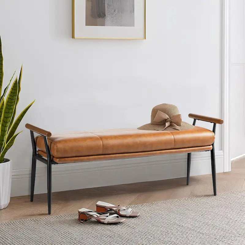 Glitzhome 48.5W Modern Upholstered Bench with Wooden Arms and Metal Legs