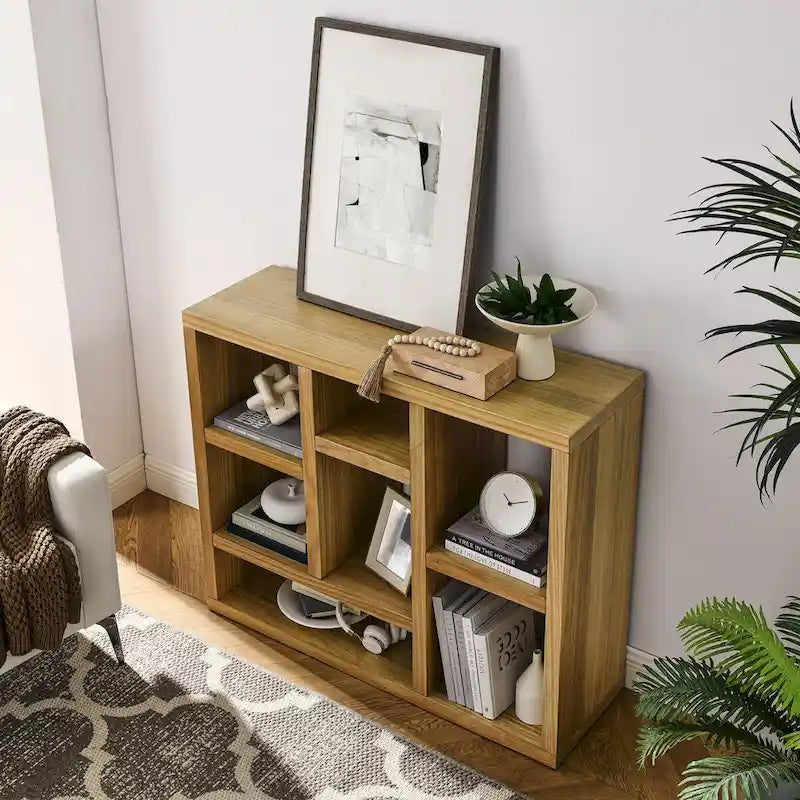 Open Wooden Open Shelf Bookcase, Freestanding Display Cabinet with 7 Cube Storage Spaces, Floor Standing Bookshelf, Entryway