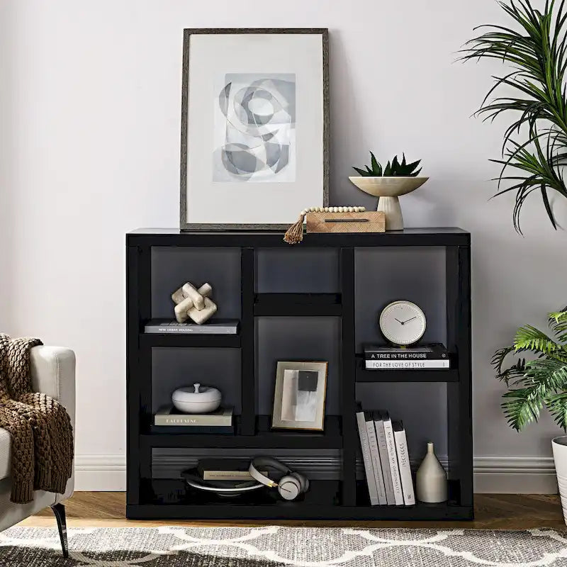 Open Wooden Open Shelf Bookcase, Freestanding Display Cabinet with 7 Cube Storage Spaces, Floor Standing Bookshelf, Entryway