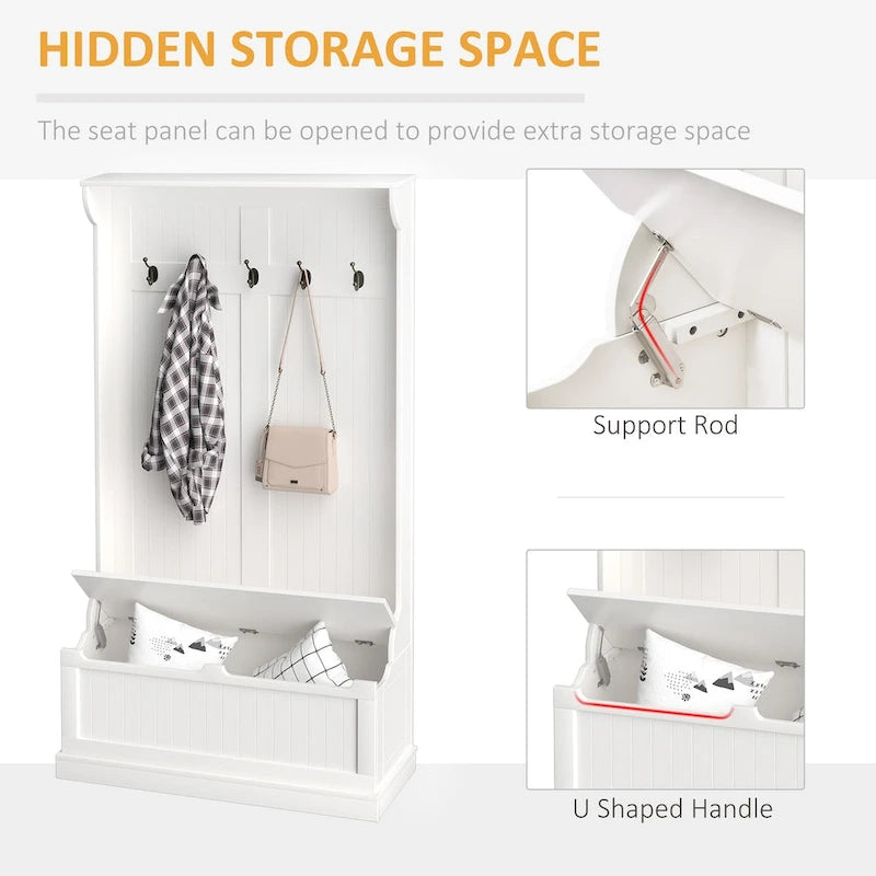 38 3-In-1 Entryway Hall Tree with Storage Bench, Coat Rack with Four Hooks and Shoe Storage, White