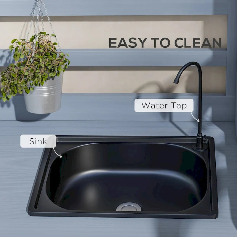 Wooden Potting Bench, Outdoor Potting Table with Storage Cabinet Shelves, Sink, Water Tap, Wood Table Top for Backyard
