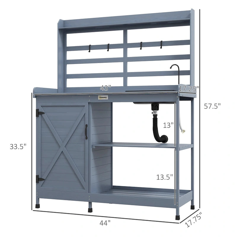 Wooden Potting Bench, Outdoor Potting Table with Storage Cabinet Shelves, Sink, Water Tap, Wood Table Top for Backyard