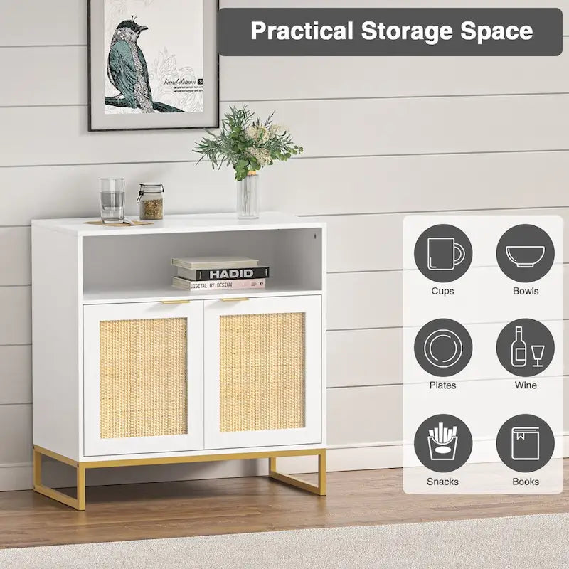 Anmytek Modern 2-Door White Wood Rattan Buffet Sideboard Kitchen Storage Cabinet with Adjustable Shelf