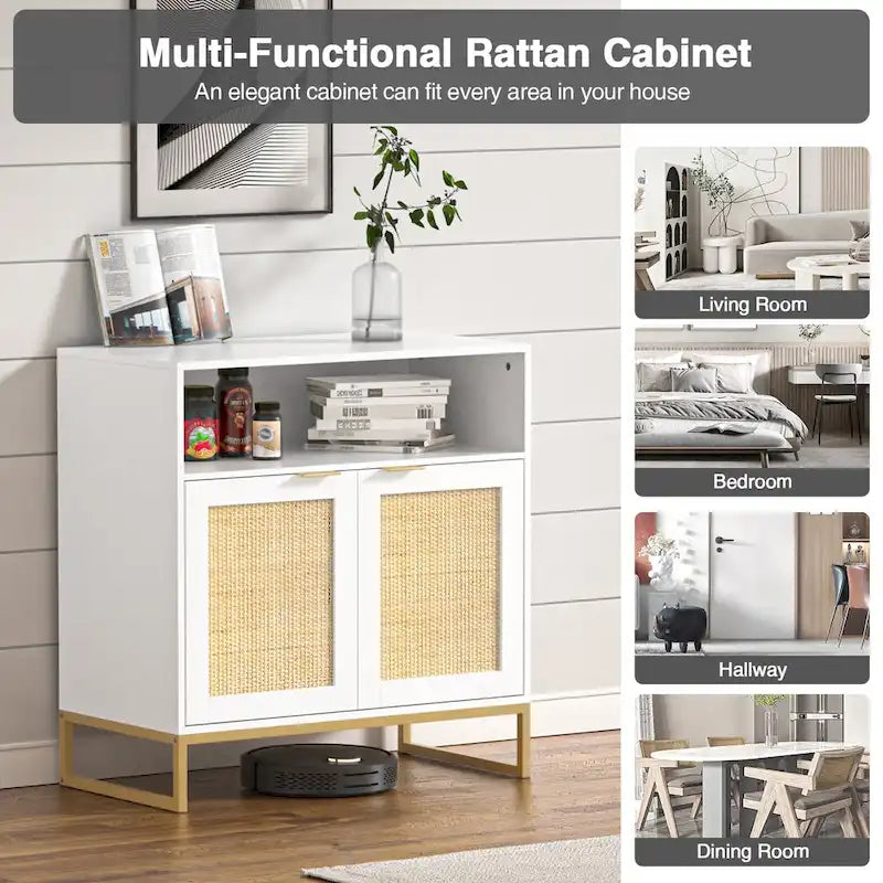 Anmytek Modern 2-Door White Wood Rattan Buffet Sideboard Kitchen Storage Cabinet with Adjustable Shelf