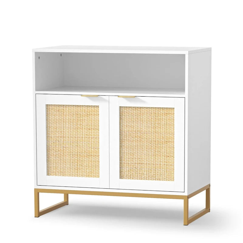 Anmytek Modern 2-Door White Wood Rattan Buffet Sideboard Kitchen Storage Cabinet with Adjustable Shelf