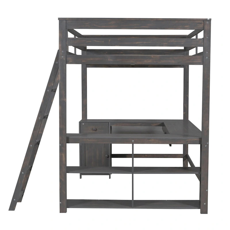 Full Size Loft Bed with U-shaped Desk, Drawers and Storage Shelves