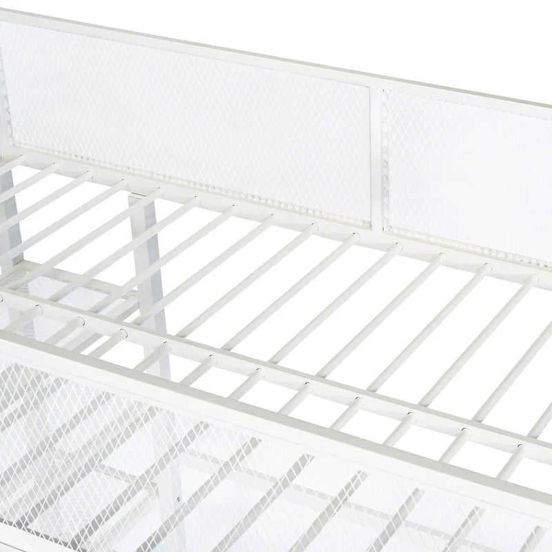 White Twin Metal Loft Bed with Shelves, Workstation, Guardrail