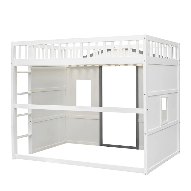 White+Gray Castle Style Solid Pine Wood Loft Bed with Ladder and Guard Rails