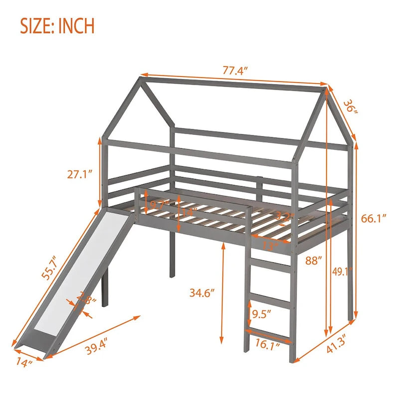 Twin Loft Bed with Slide, House Bed with Slide,Gray suitable for bedroom